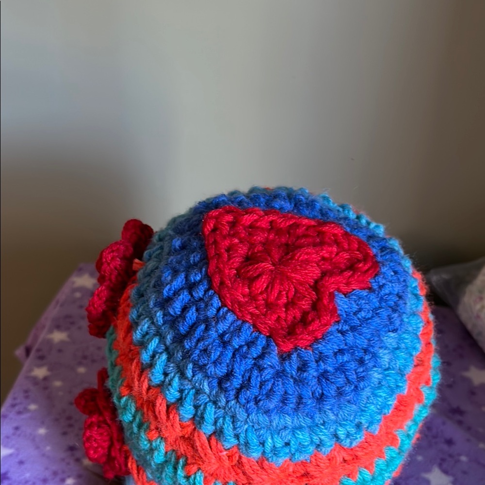 Handmade Colorful Crochet Beanie with heart Accent medium acrylic soft - Picture 7 of 11